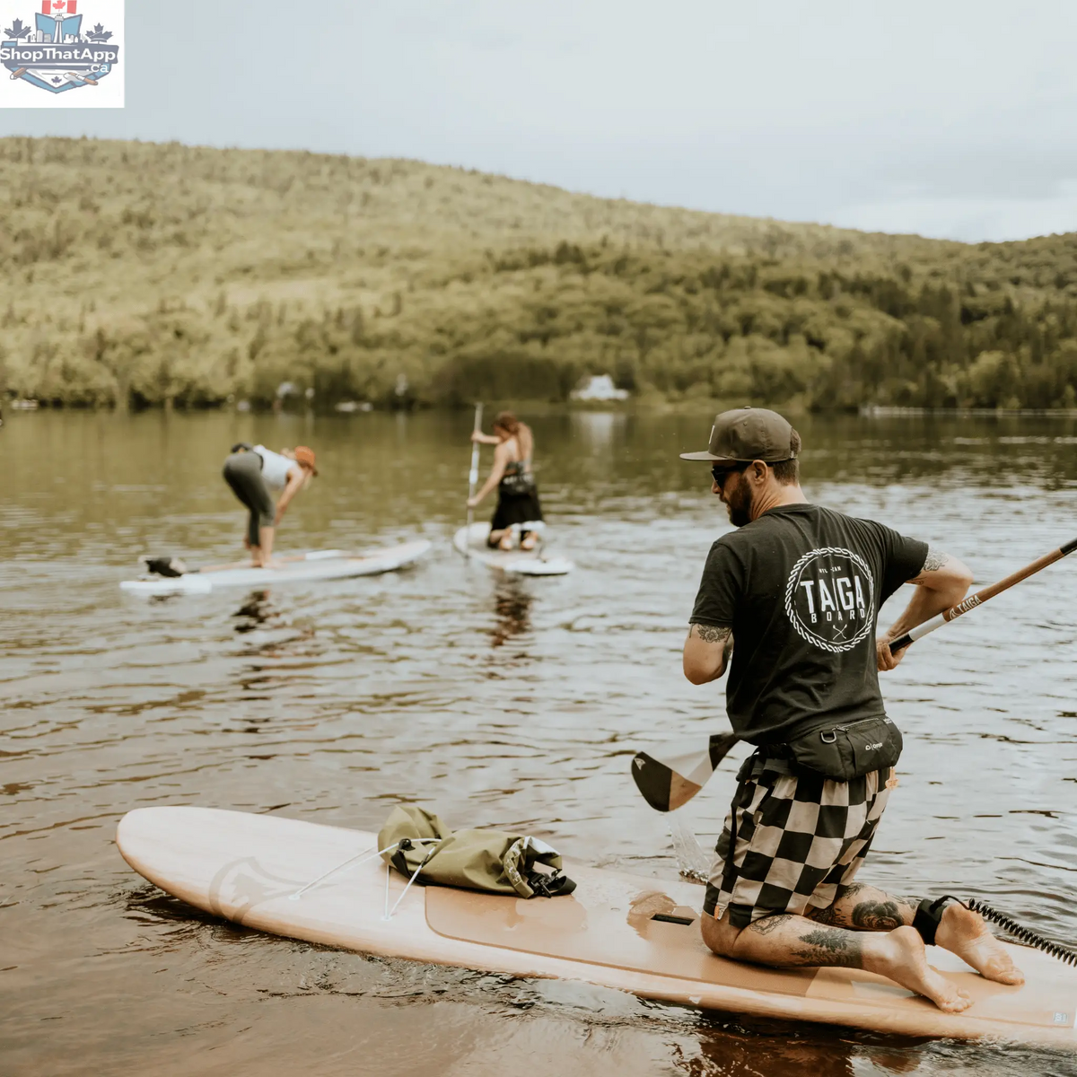 Taiga Board Diamond Paddle with asymmetric one-piece design, made of wood and carbon, featuring a 12k finish for paddling.