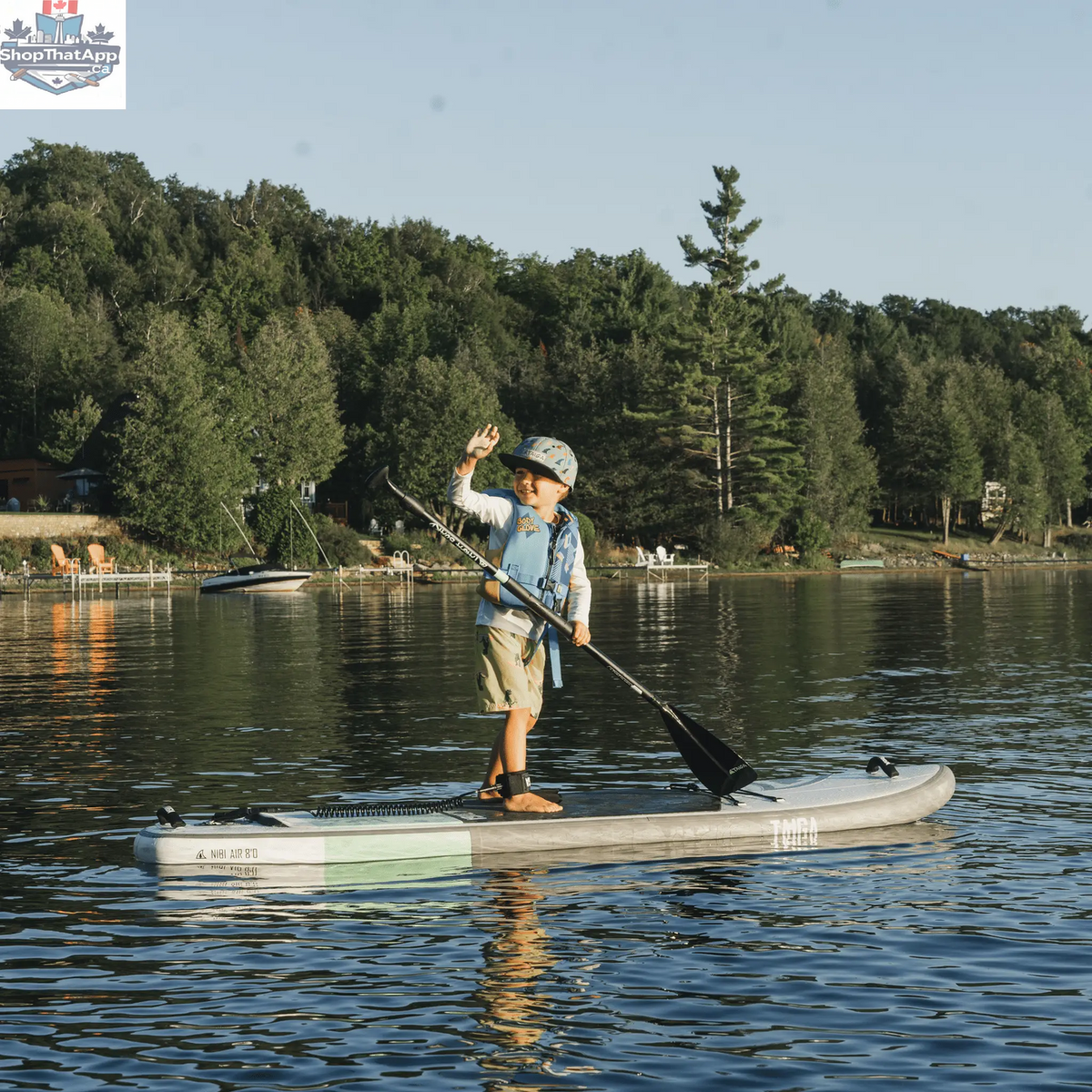 NIBI 8'0'' inflatable paddle board for kids by Taiga Board, featuring a complete kid's SUP kit, with colorful design and accessories.