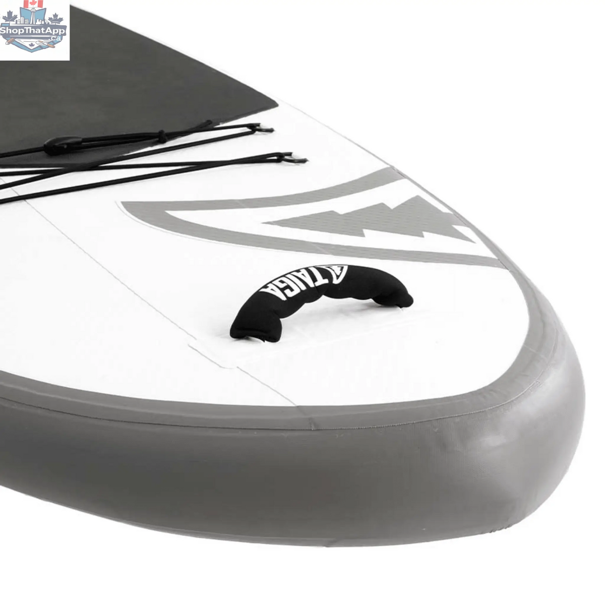 NIBI 8'0" inflatable paddle board for kids by Taiga Board, shown with kid-friendly accessories on a blue background.