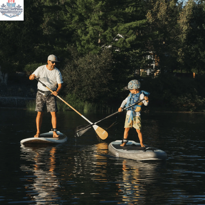 NIBI 8'0" inflatable paddle board for kids by Taiga Board, featuring complete kid kit, shown on water with paddles and safety gear