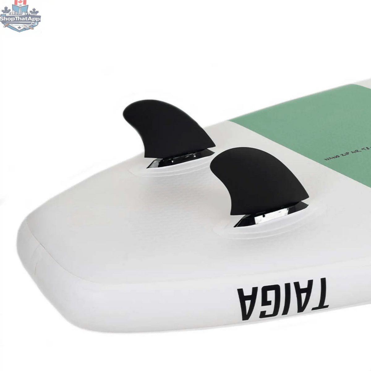 Taiga Board Nano ZIP Air 9'8" inflatable paddle board on water, showing its compact design and durable construction.