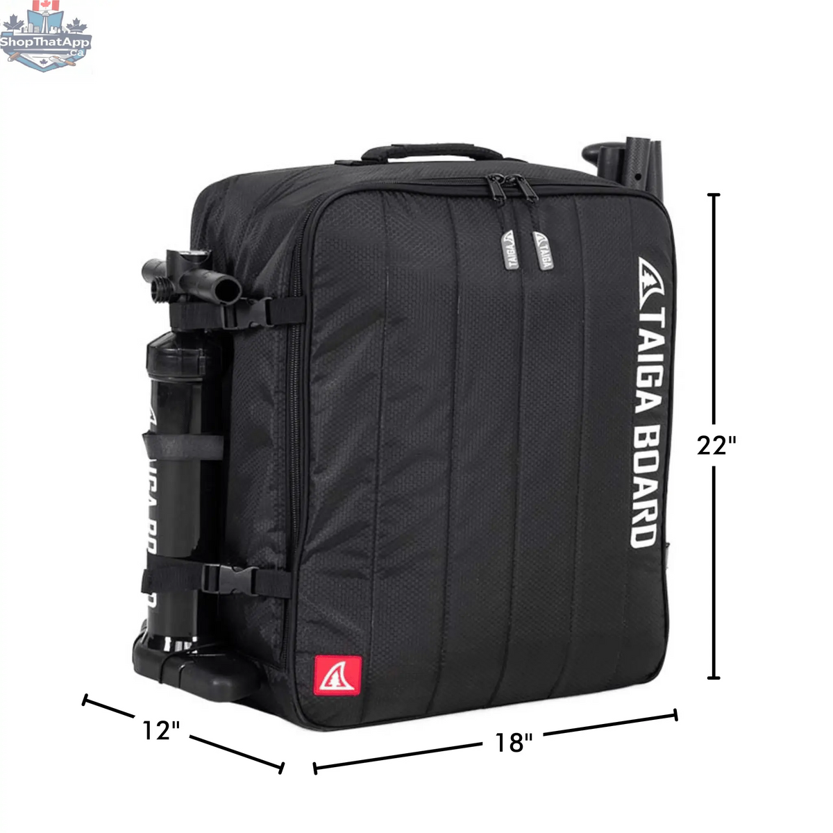Inflatable Taiga Board Nano Zip Air 9'8" SUP paddle board with deluxe carrying bag, designed for easy transport and storage.