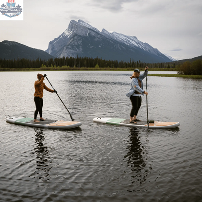 Taiga Board Nano Zip Air 9'8'' compact inflatable paddle board on water, showing its sleek design and portable size.