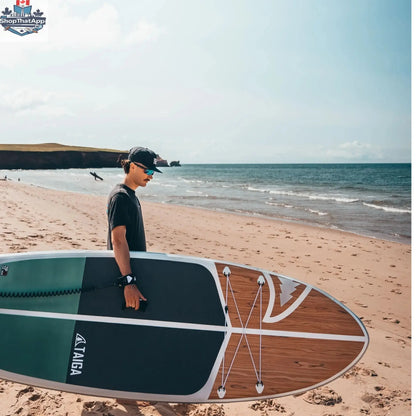 Taiga Board Nano ZIP Air 9'8" inflatable SUP paddle board on water, showcasing its compact design and durable construction.