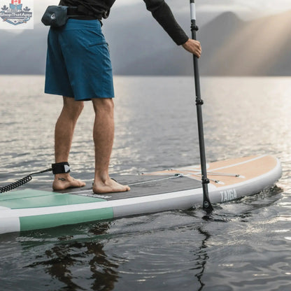 Taiga Board Nano ZIP Air 9'8" compact inflatable SUP paddle board on water, showcasing its sleek design and portability.