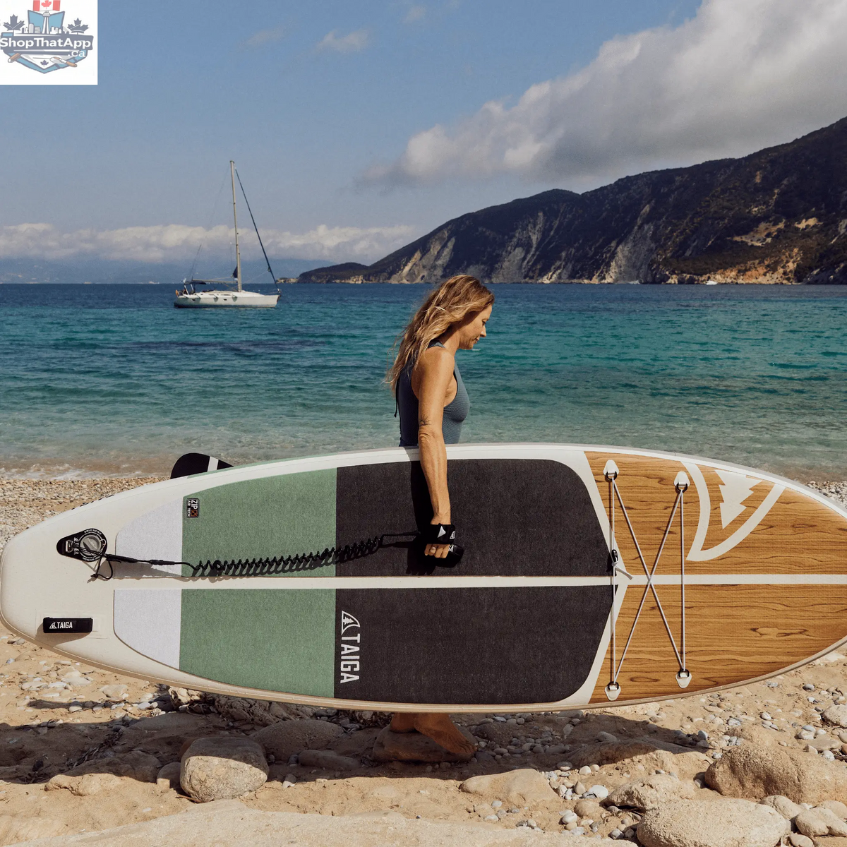 Taiga Board Nano Zip Air 9'8" inflatable stand-up paddleboard on water, compact and lightweight for easy paddling and transport.