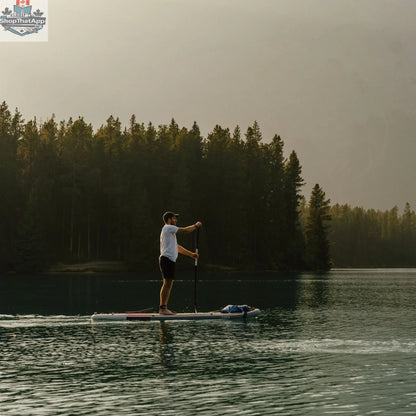 Inflatable 10-foot AWEN paddle board by Taiga Board, ideal for water adventures, shown inflated on water.