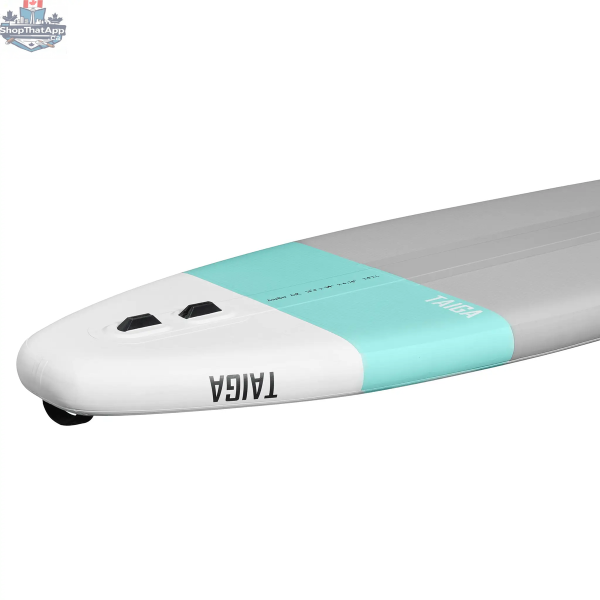 Inflatable Taiga Board 10-foot SUP Gonflable paddle board for water adventures, shown on calm water with paddle.