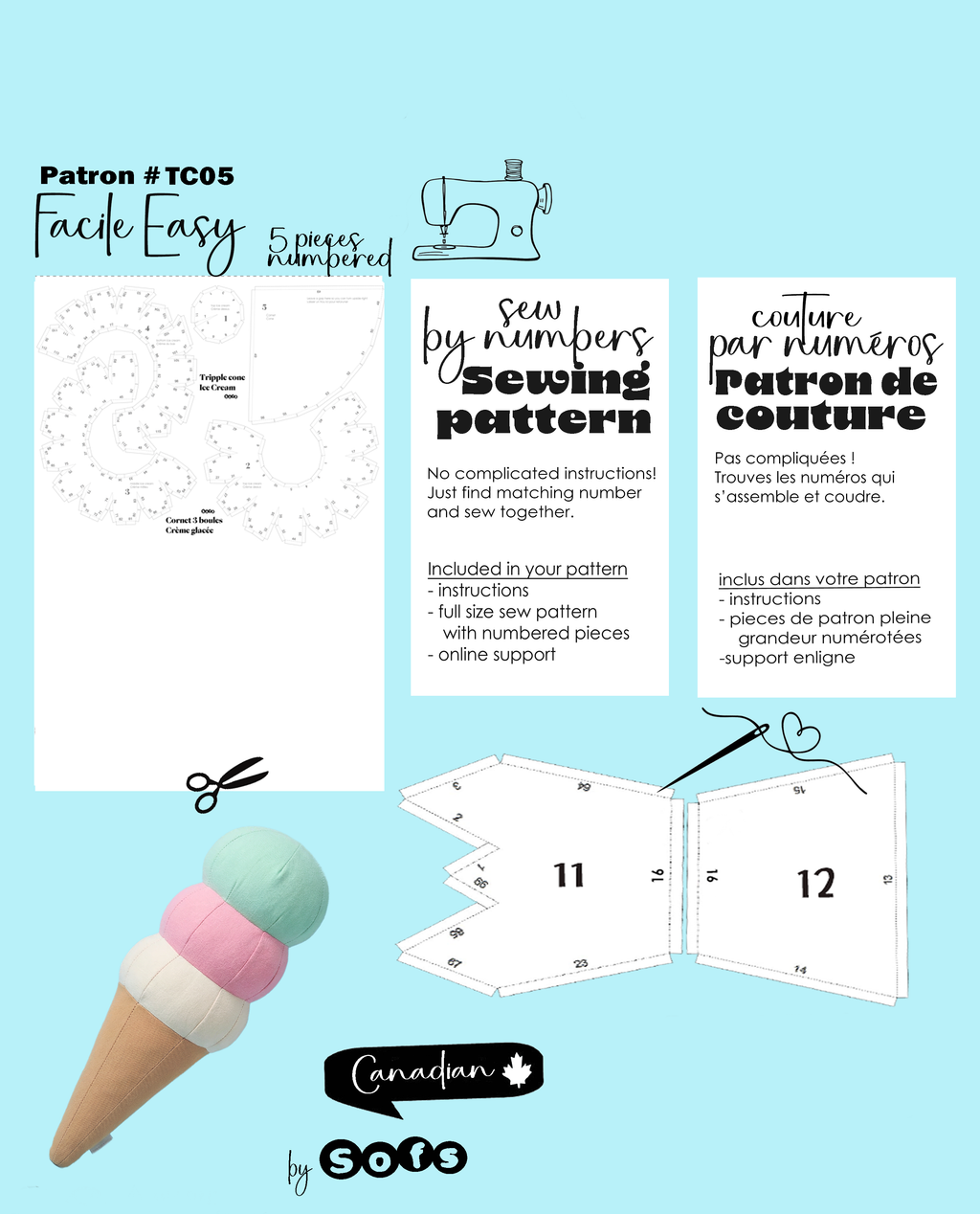 Sewing Patterns Tripple Ice Cream Cone – Sew by Numbers Plush Pattern - Made in Canada - Www.Shopthatapp.ca