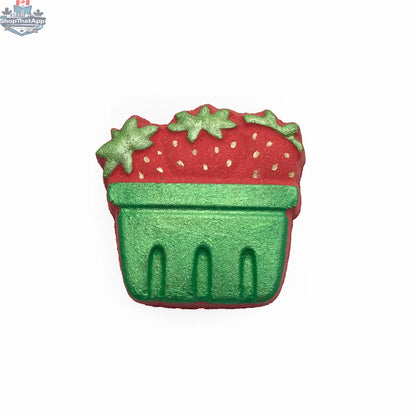 Bath and body strawberry basket from The Bomb Bar Canada featuring fresh strawberries and colorful bath products.