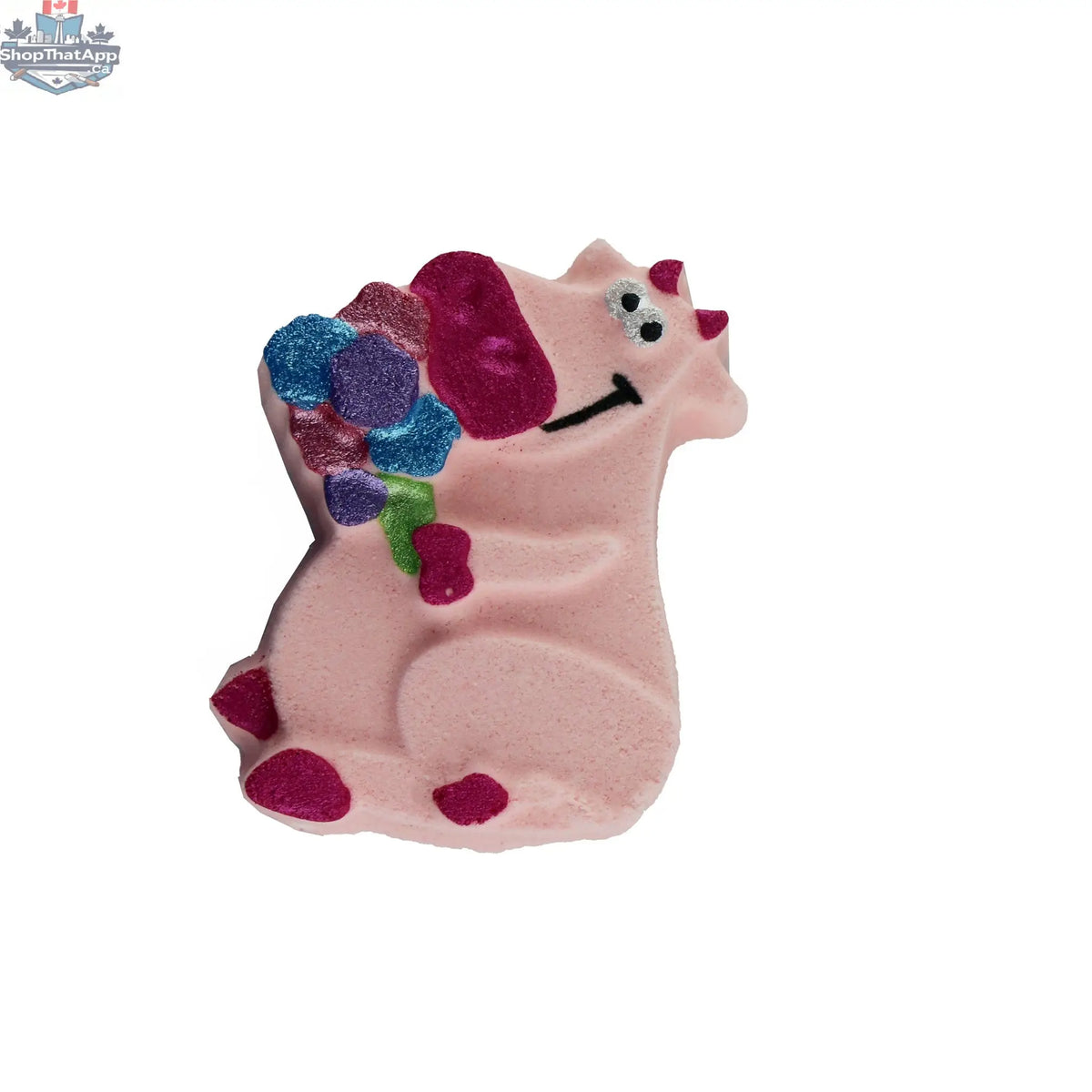 Pink cow-shaped bath bomb from The Bomb Bar Canada, perfect for relaxing baths and adding a touch of fun.