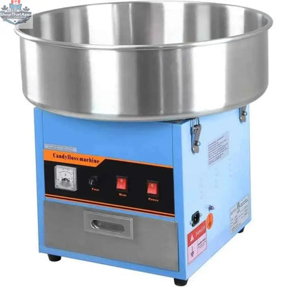 Blue Canadian Cotton Candy Machine by The Canada Popcorn Company, large commercial cotton candy maker with spinning head and control panel.
