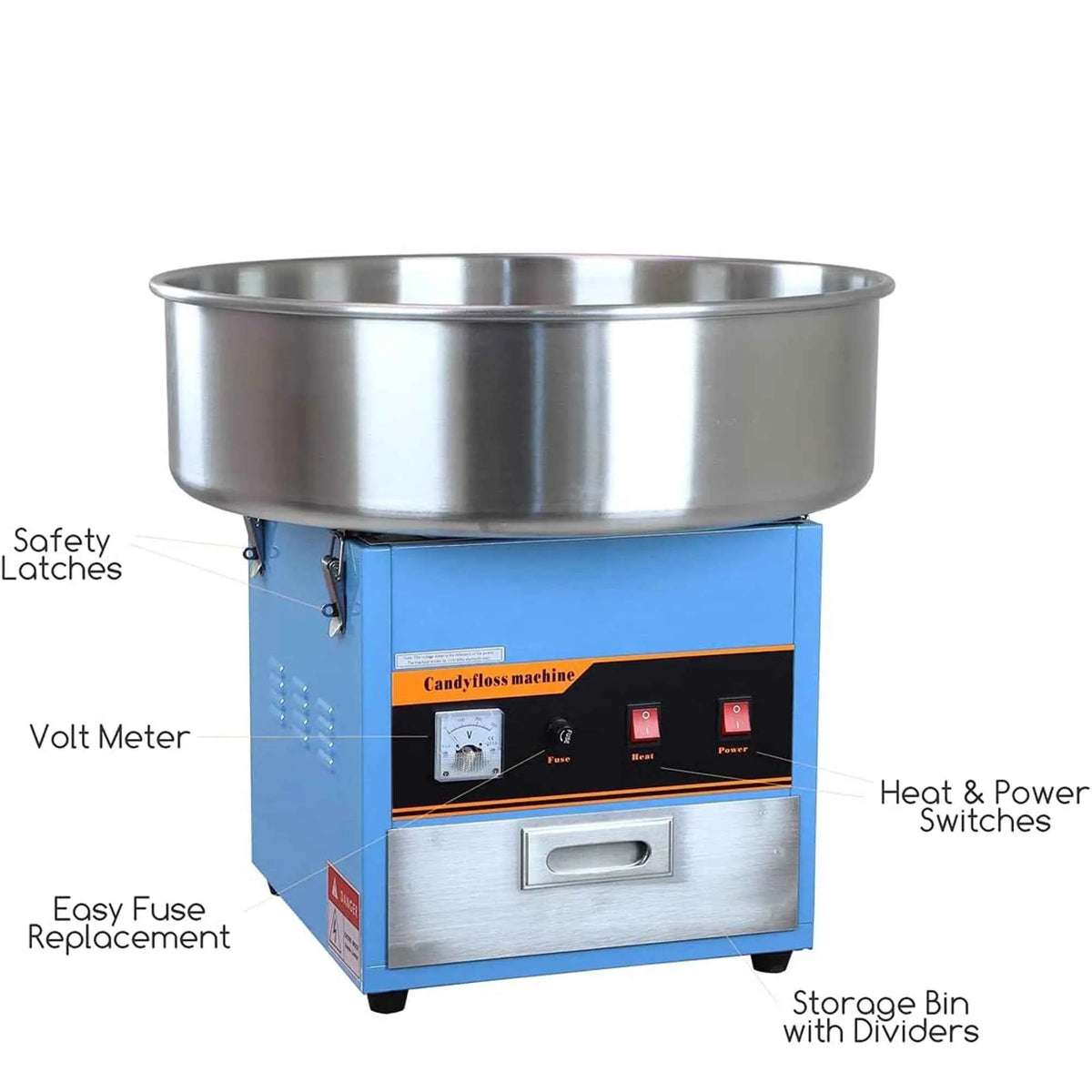 Canadian Cotton Candy Machine by The Canada Popcorn Company, blue commercial cotton candy maker with stainless steel components.