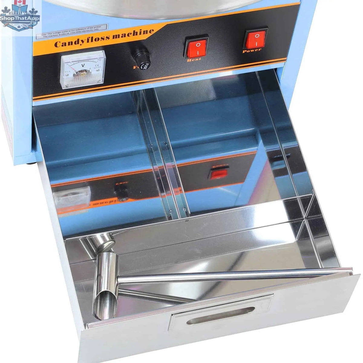 Blue Canadian Cotton Candy Machine by The Canada Popcorn Company, commercial cotton candy maker with a clear viewing window and spinning head.