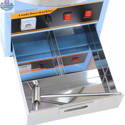 Blue Canadian Cotton Candy Machine by The Canada Popcorn Company, commercial cotton candy maker with a clear viewing window and spinning head.