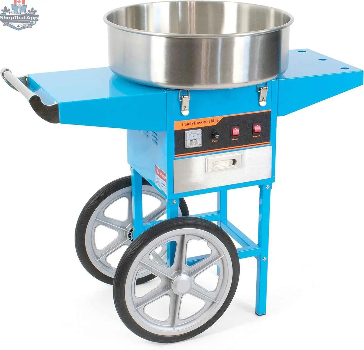 Blue Canadian Cotton Candy Machine with cart by The Canada Popcorn Company, featuring a colorful spinning drum and sturdy stand