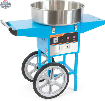 Blue Canadian Cotton Candy Machine with cart by The Canada Popcorn Company, featuring a colorful spinning drum and sturdy stand