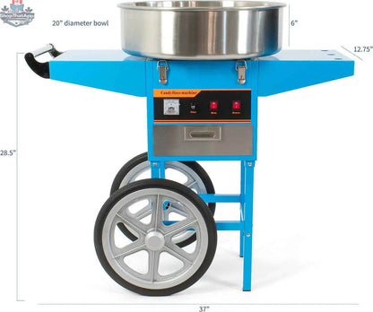 Blue Canadian cotton candy machine with cart from The Canada Popcorn Company, showing the colorful machine setup on wheels.