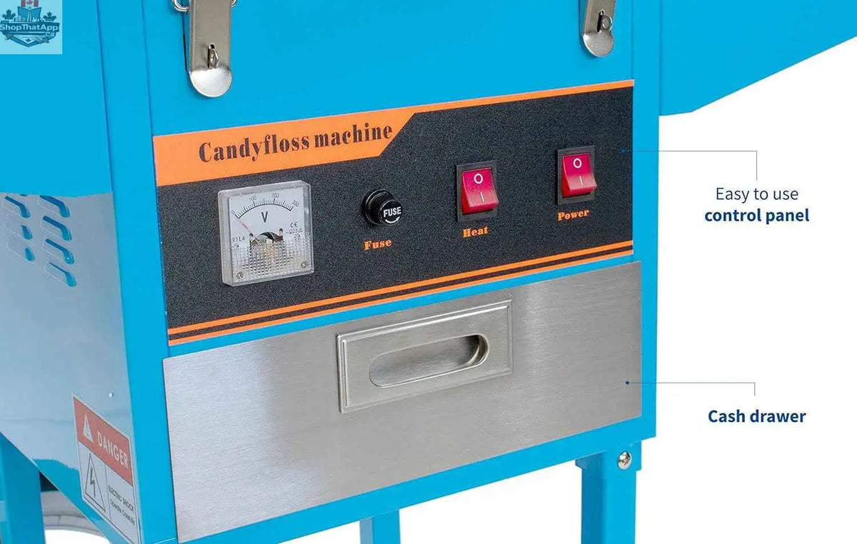 Blue Canadian Cotton Candy Machine with cart by The Canada Popcorn Company, featuring a vibrant blue machine on a sturdy cart.