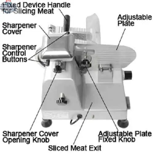 Commercial deli meat slicer with a 10-inch blade, stainless steel build, NSF and ETL certified, by The Canada Popcorn Company.