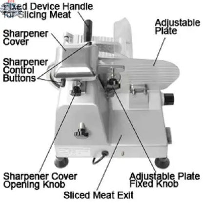 Commercial deli meat slicer with a 10-inch blade, stainless steel build, NSF and ETL certified, by The Canada Popcorn Company.