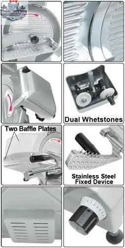 Commercial deli meat slicer with a 10-inch blade, stainless steel construction, and NSF and ETL certification for safety and efficiency.
