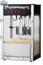 16oz black commercial popcorn machine by The Canada Popcorn Company with stainless steel kettle and built-in warming deck.