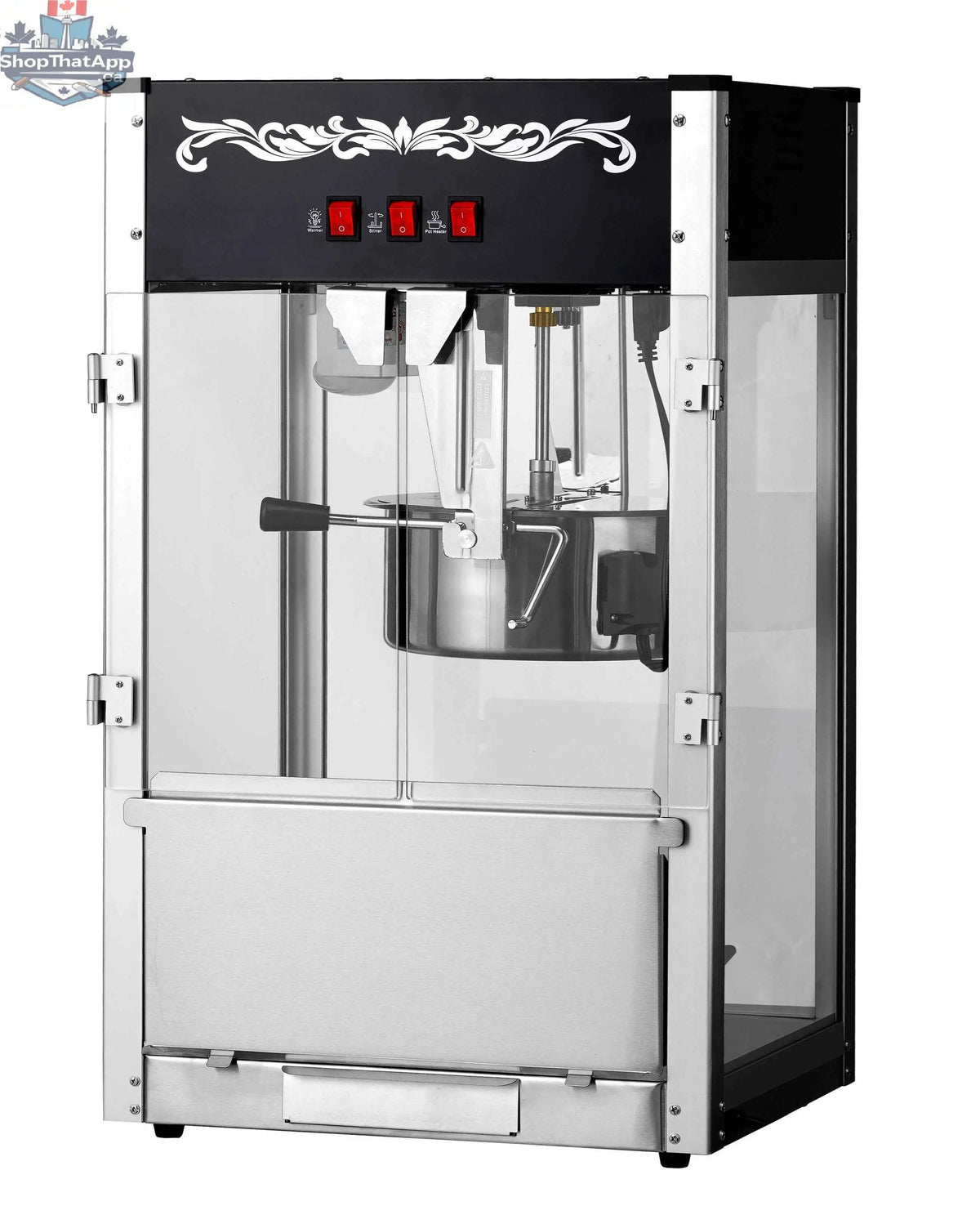 Black 16oz commercial popcorn machine by The Canada Popcorn Company, showing the machine's sleek design and popping kettle.