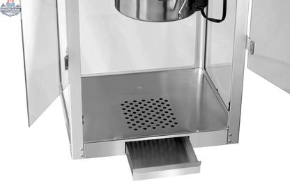 16oz black commercial popcorn machine from The Canada Popcorn Company with stainless steel kettle and clear glass lid.