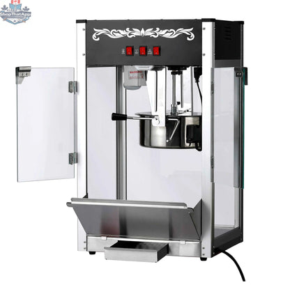 16oz black popcorn machine for commercial use by The Canada Popcorn Company, with stainless steel kettle and control panel.