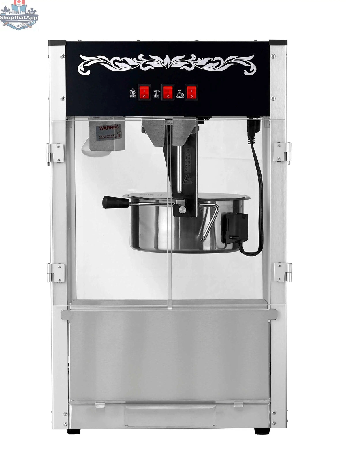 16oz black popcorn machine for commercial use by The Canada Popcorn Company, showing a sleek black popcorn maker with stainless steel accents.