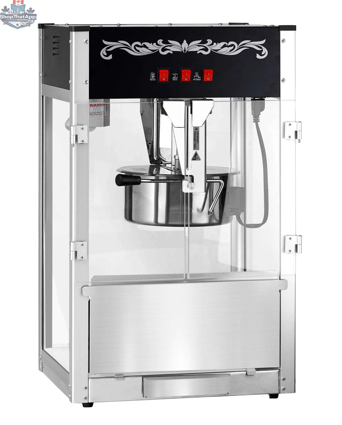 16oz black popcorn machine for commercial use by The Canada Popcorn Company, with popcorn popping inside and a stainless steel kettle