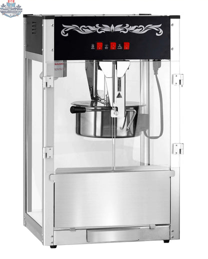 16oz black popcorn machine for commercial use by The Canada Popcorn Company, with popcorn popping inside and a stainless steel kettle