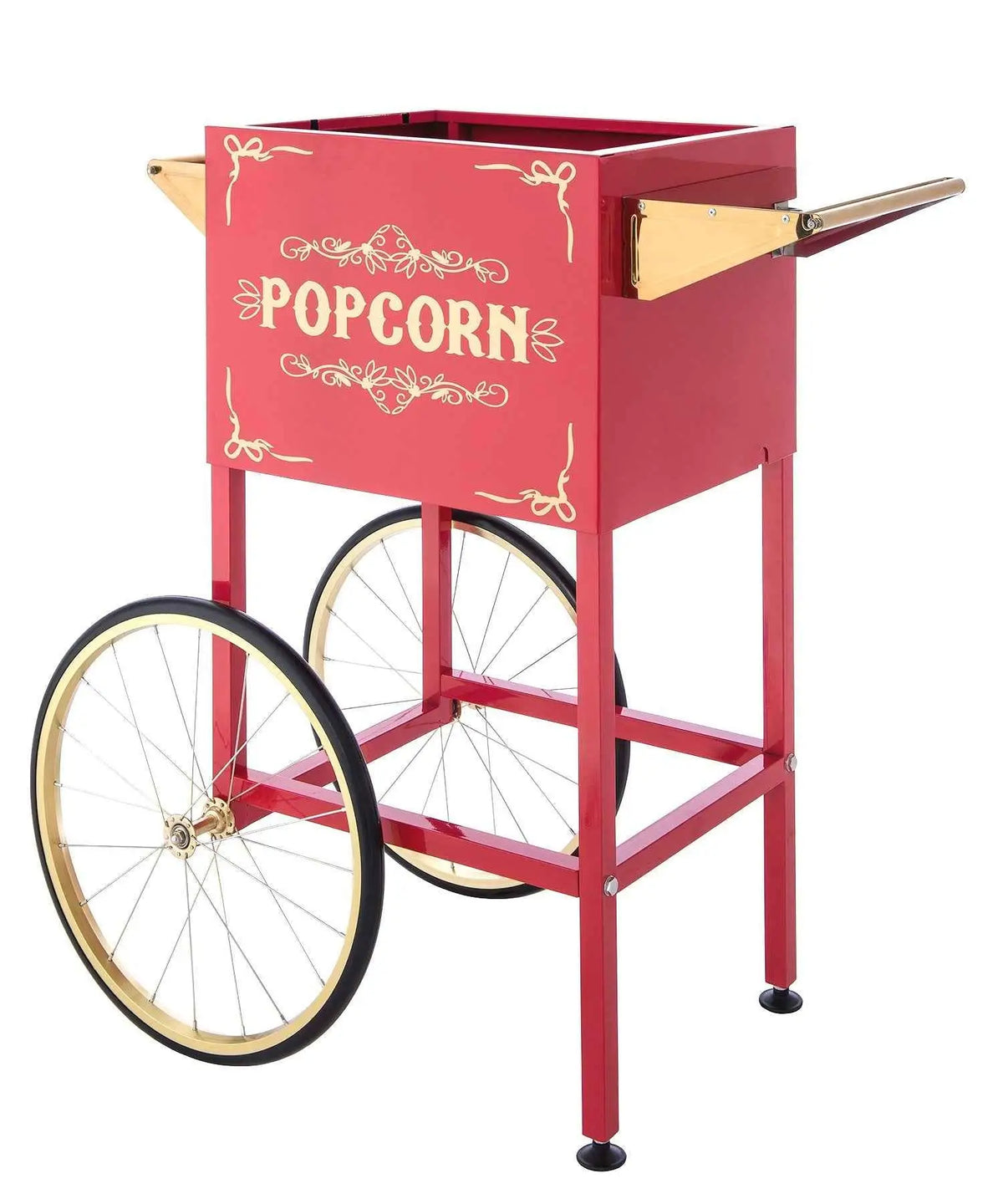 Red 12oz popcorn machine cart by The Canada Popcorn Company with a vintage-style stand and clear glass popcorn chamber.