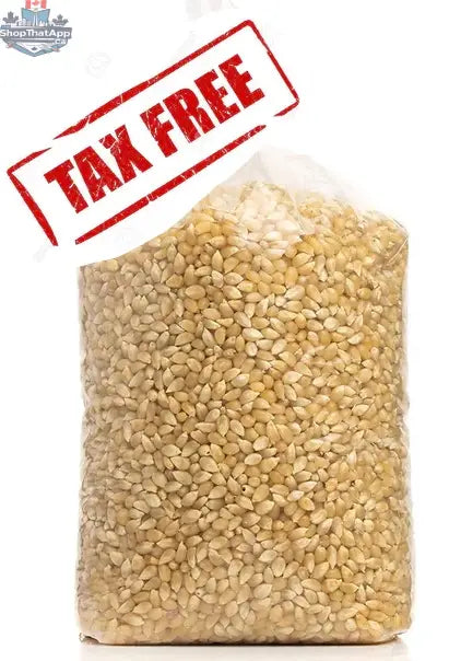 Bulk hull-less popcorn kernels from The Canada Popcorn Company, 6 to 24 lbs, showing shiny yellow popcorn kernels.