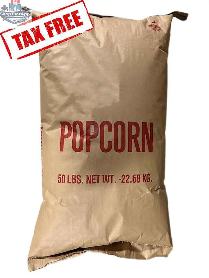 Bulk yellow popcorn kernels from The Canada Popcorn Company in a 50 lb bag, shown in a clear plastic container.