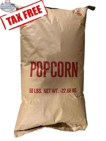 Bulk yellow popcorn kernels from The Canada Popcorn Company in a 50 lb bag, shown in a clear plastic container.