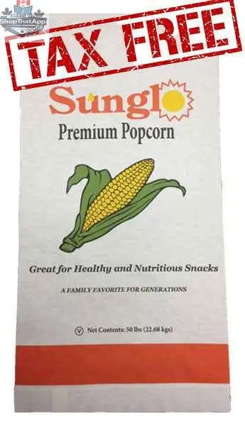 50 lbs Sunglo Premium Popcorn Kernels from The Canada Popcorn Company, showing a bulk supply of high-quality popcorn kernels.