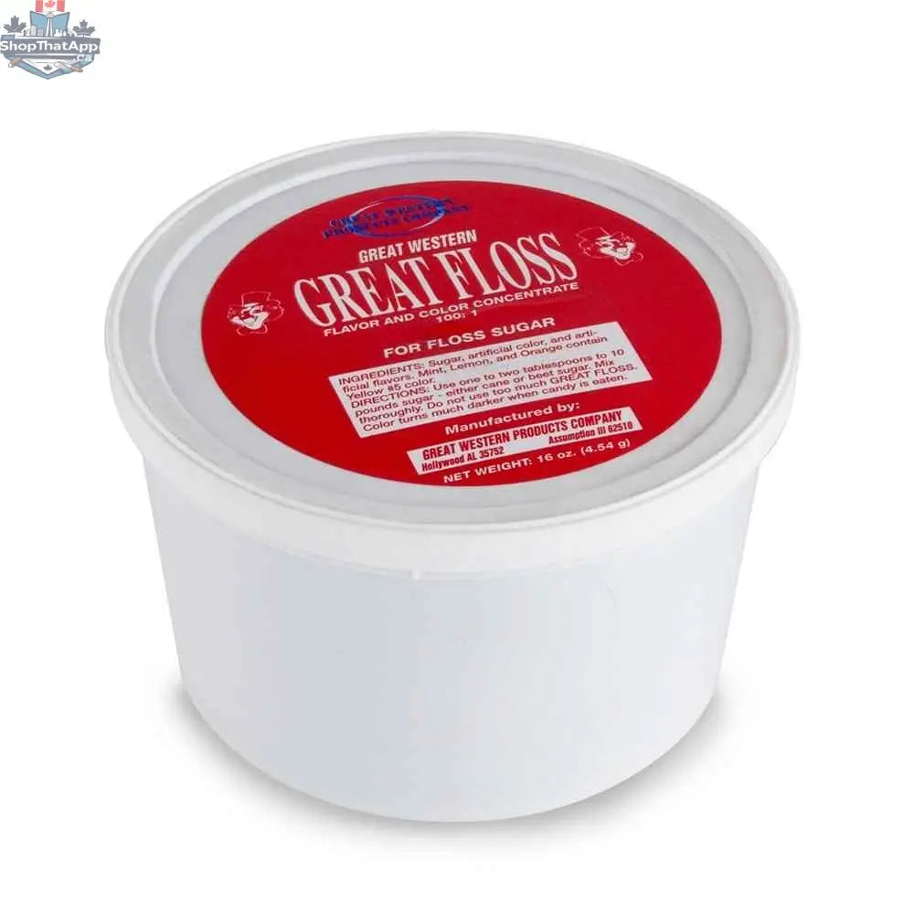 Blue raspberry flavored maple floss in a 1lb container, premium sweetener supply from The Canada Popcorn Company.