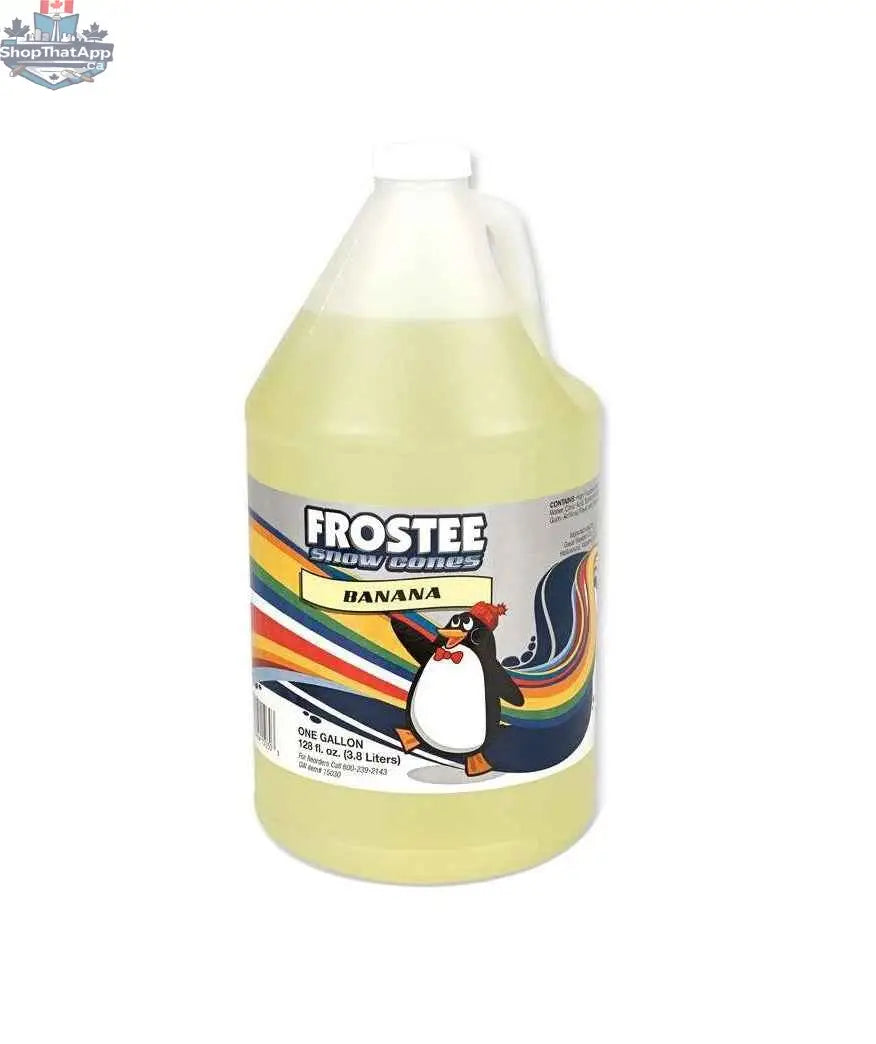 Banana snow cone syrup in a 1-gallon supply bottle from The Canada Popcorn Company, ideal for making flavored shaved ice treats.