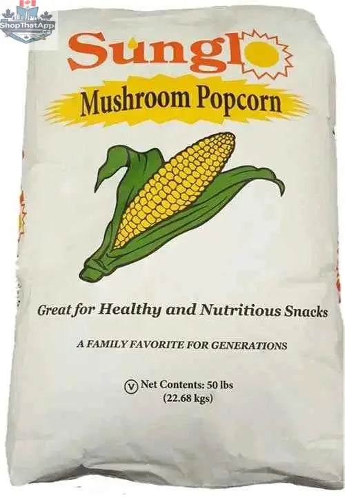Bulk 50 lbs of Sunglo premium mushroom popcorn kernels from The Canada Popcorn Company, showing white, round kernels on a bag.