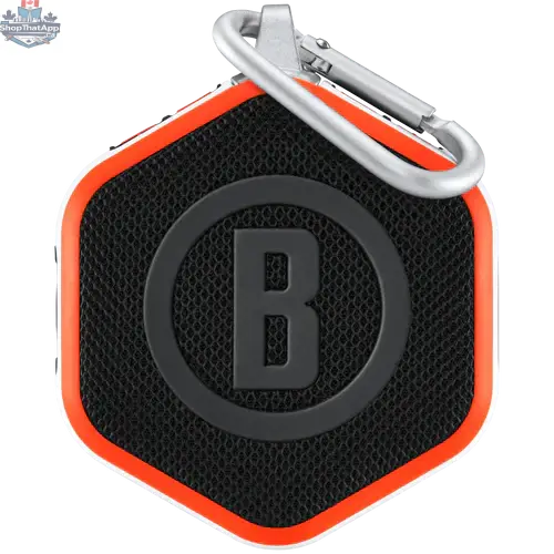 Bushnell Wingman Mini GPS Speaker for golf, compact portable device displaying golf course map and speaker features.