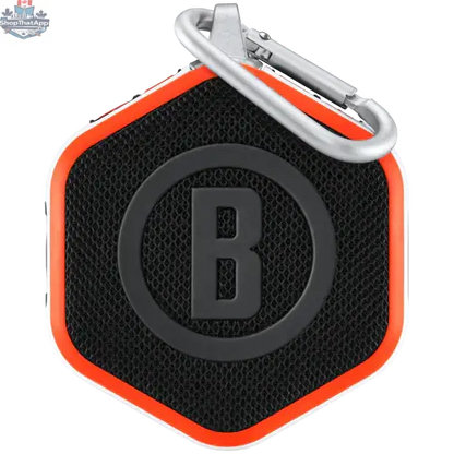 Bushnell Wingman Mini GPS Speaker for golf, compact portable device displaying golf course map and speaker features.