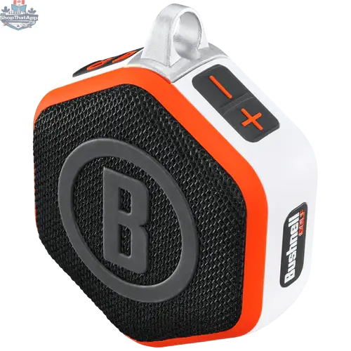 Bushnell Wingman Mini GPS Speaker for golf, compact Bluetooth device displaying course distances and course map on its screen.