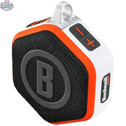 Bushnell Wingman Mini GPS Speaker for golf, compact Bluetooth device displaying course distances and course map on its screen.
