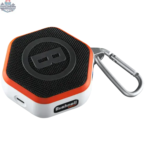 Bushnell Wingman Mini GPS Speaker for golf, compact device showing digital display and Bluetooth speaker features.
