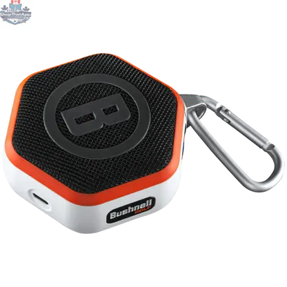 Bushnell Wingman Mini GPS Speaker for golf, compact device showing digital display and Bluetooth speaker features.