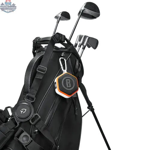 Bushnell Wingman Mini GPS speaker for golf, compact device showing a digital golf course display and controls.
