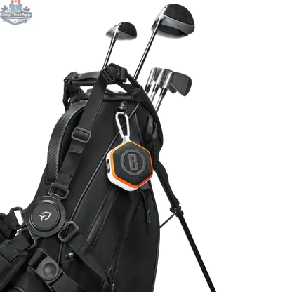 Bushnell Wingman Mini GPS speaker for golf, compact device showing a digital golf course display and controls.