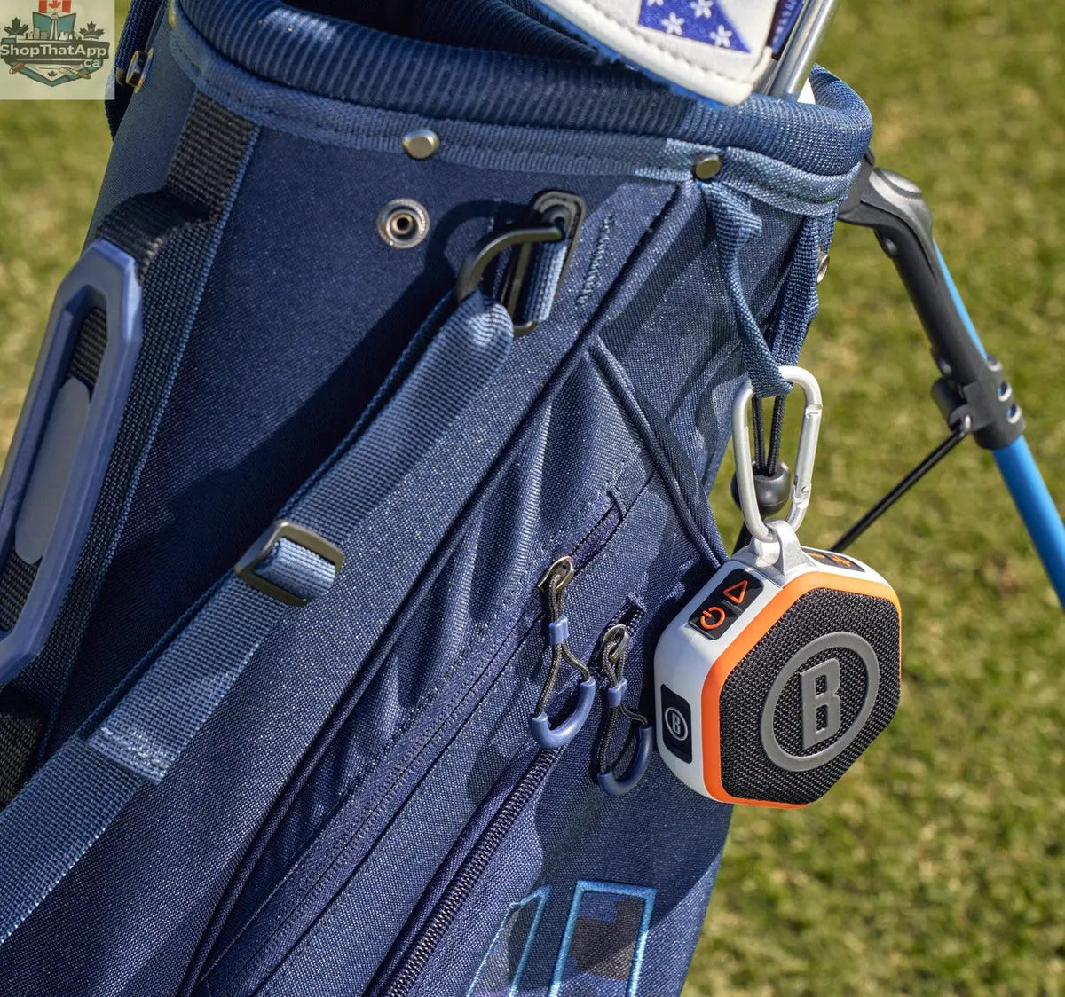 Bushnell Golf Wingman Mini GPS speaker showing its compact design and golf course map display.